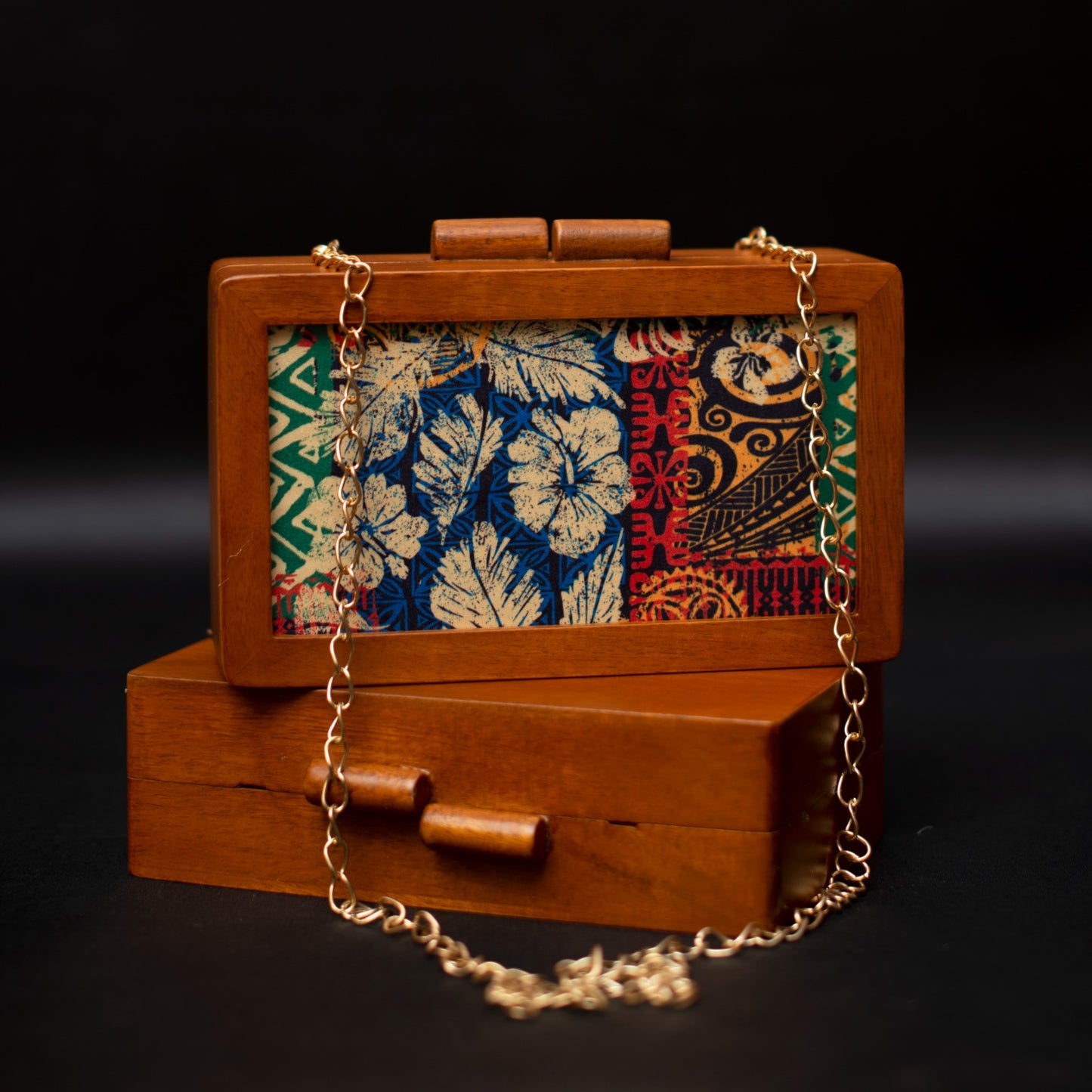 Block printed multicolor wooden clutch