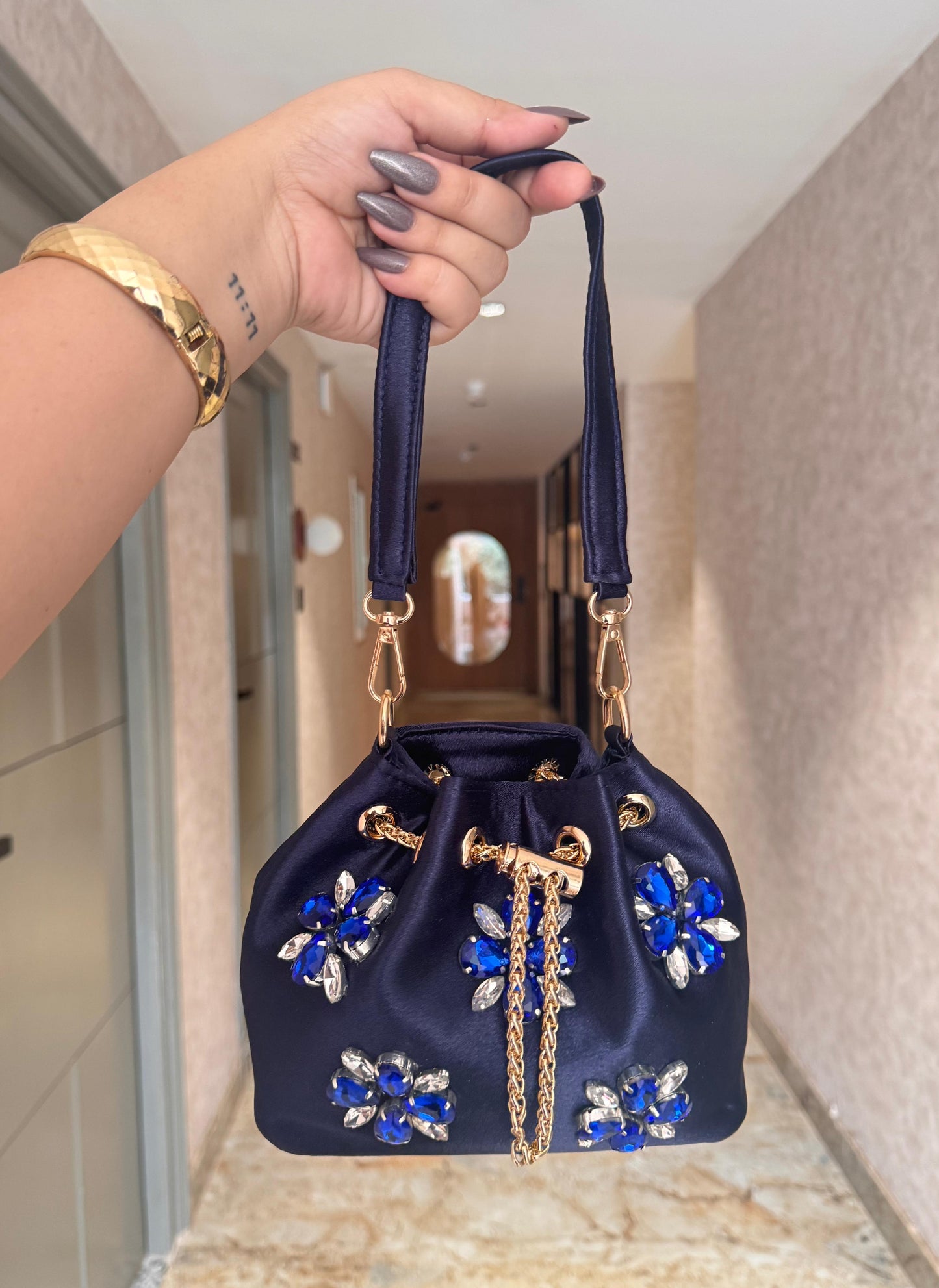 Satin Bucket Bags with Crystals
