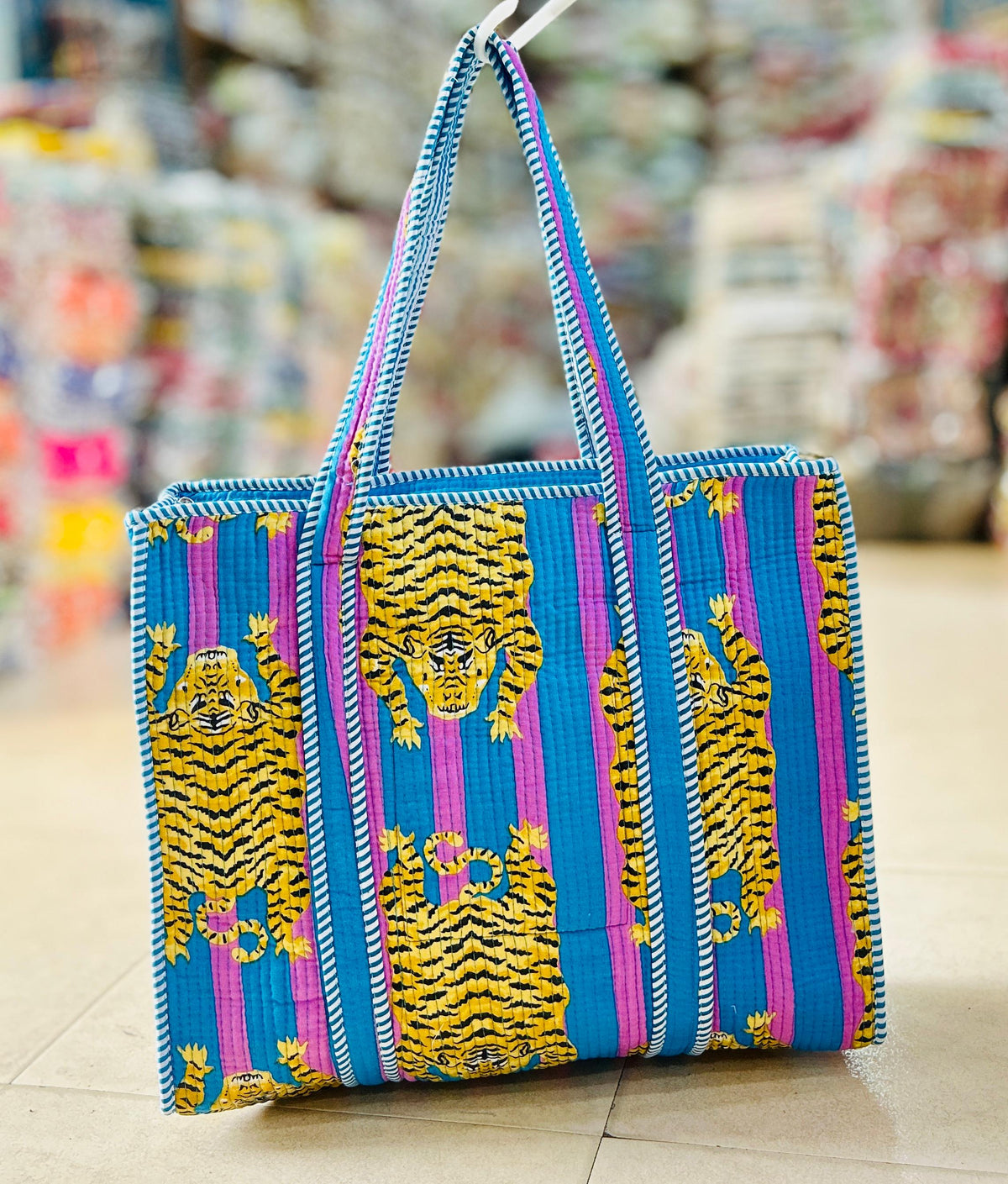 Blue cheetah handmade quilted tote bag