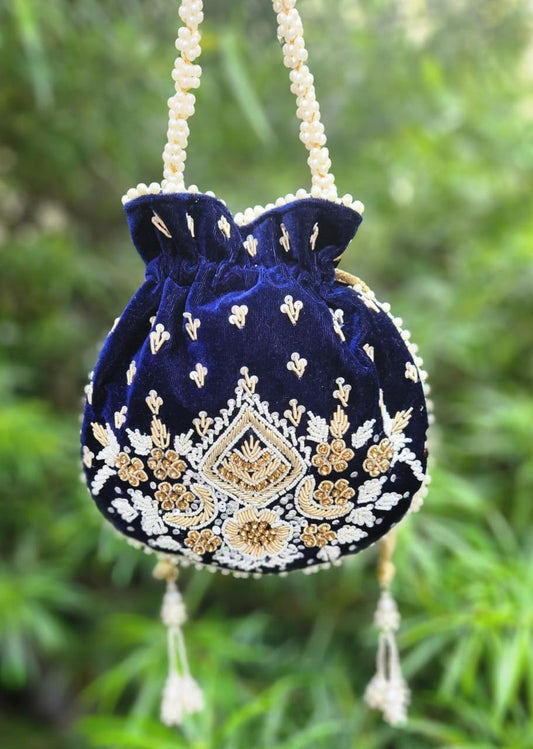 Hand embroidered pearl work potli bag - Navy Blue