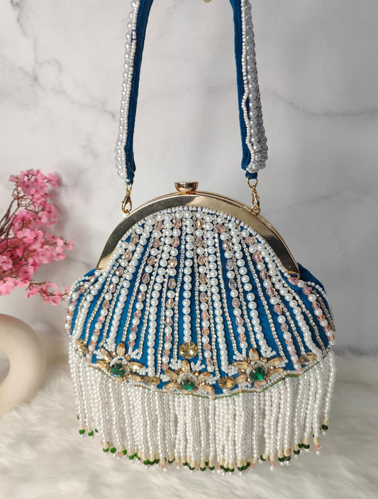 Designer pearl tassel half frame clutch potli