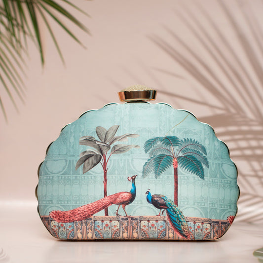 D-Frame peacock blue printed clutch