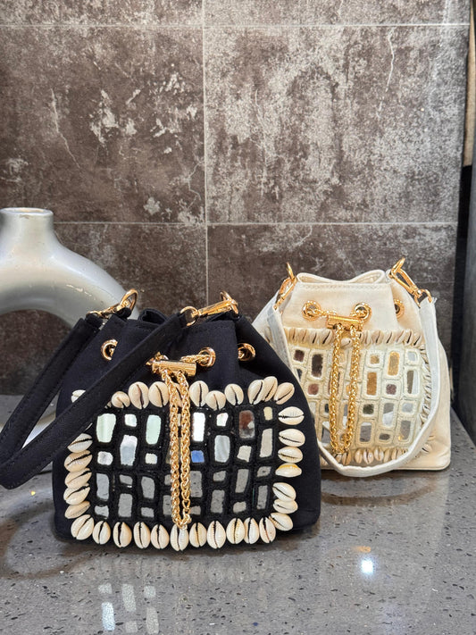 Mirror work canvas bucket bag