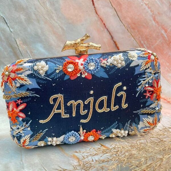 Designer blue printed embroidery customised clutch with branch knob