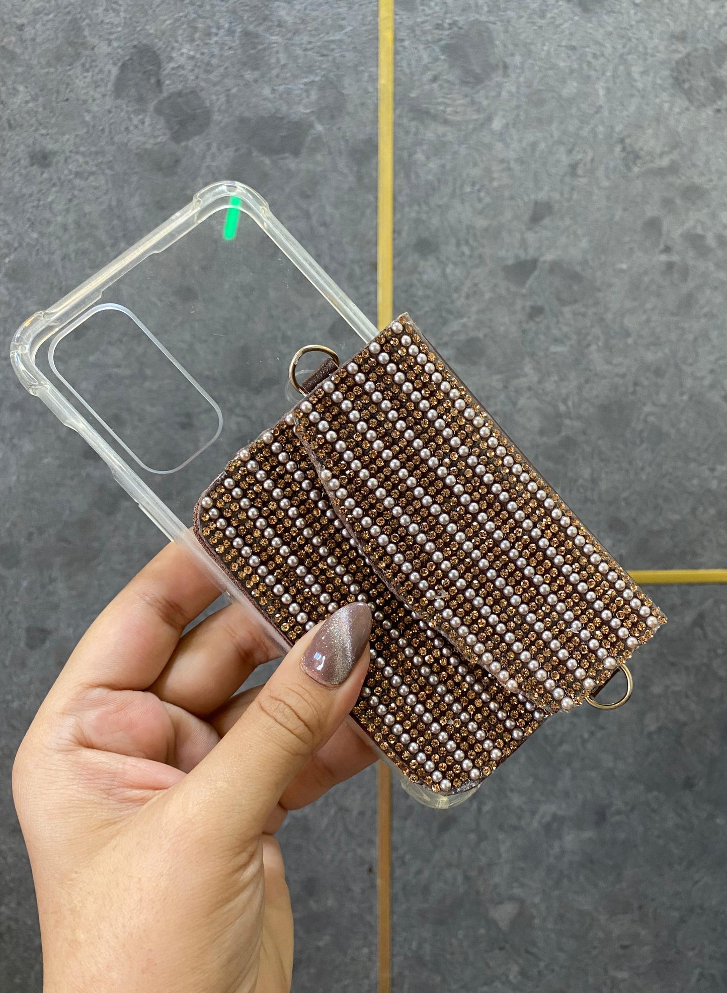 Stone crystal personalized Phone case & Card holder slings - Brown