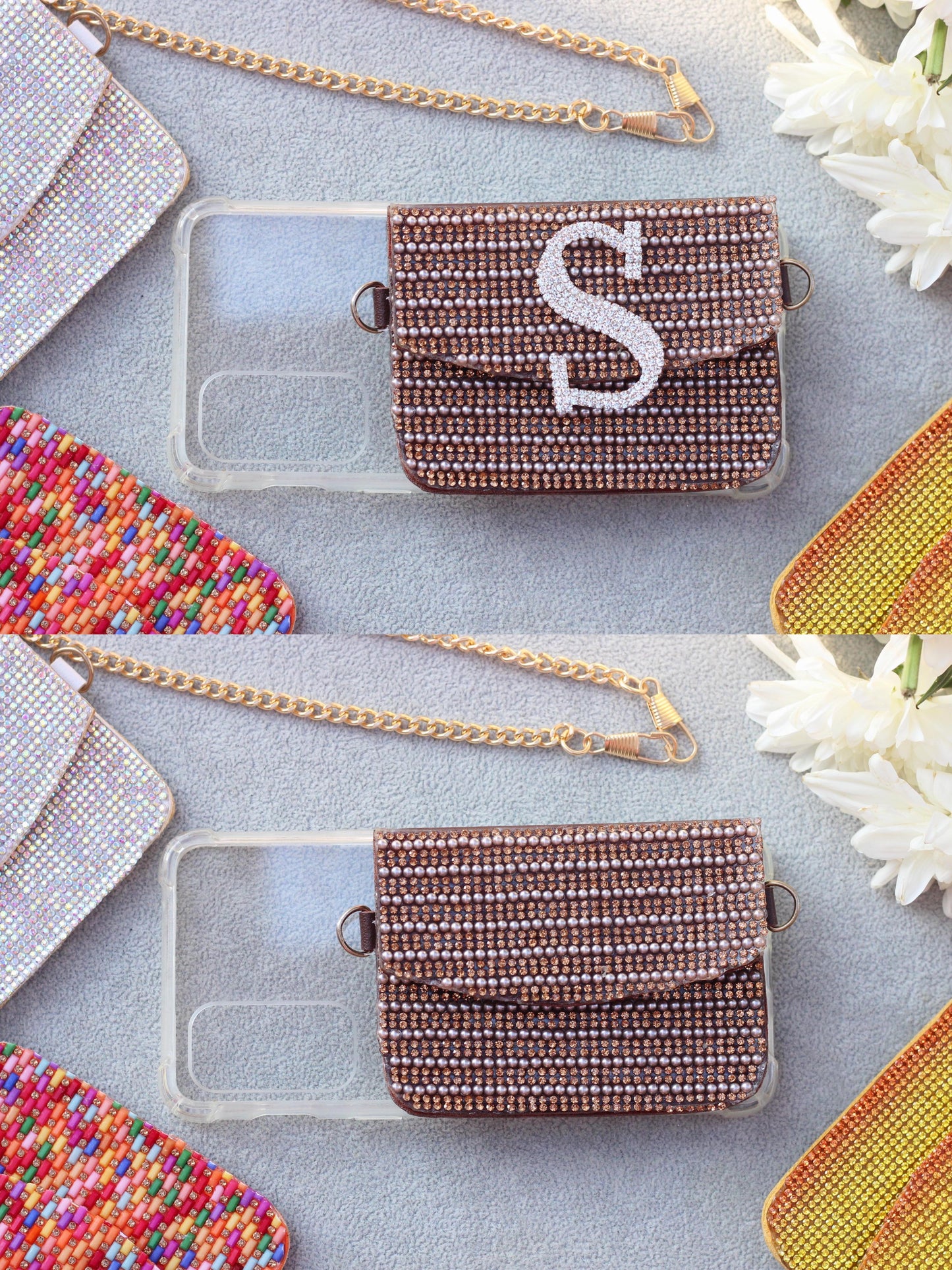 Stone crystal personalized Phone case & Card holder slings - Brown