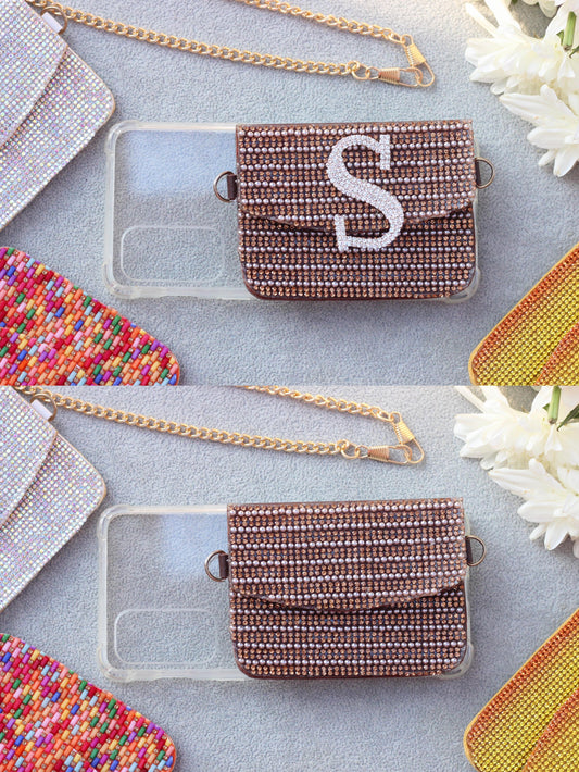 Stone crystal personalized Phone case & Card holder slings - Brown