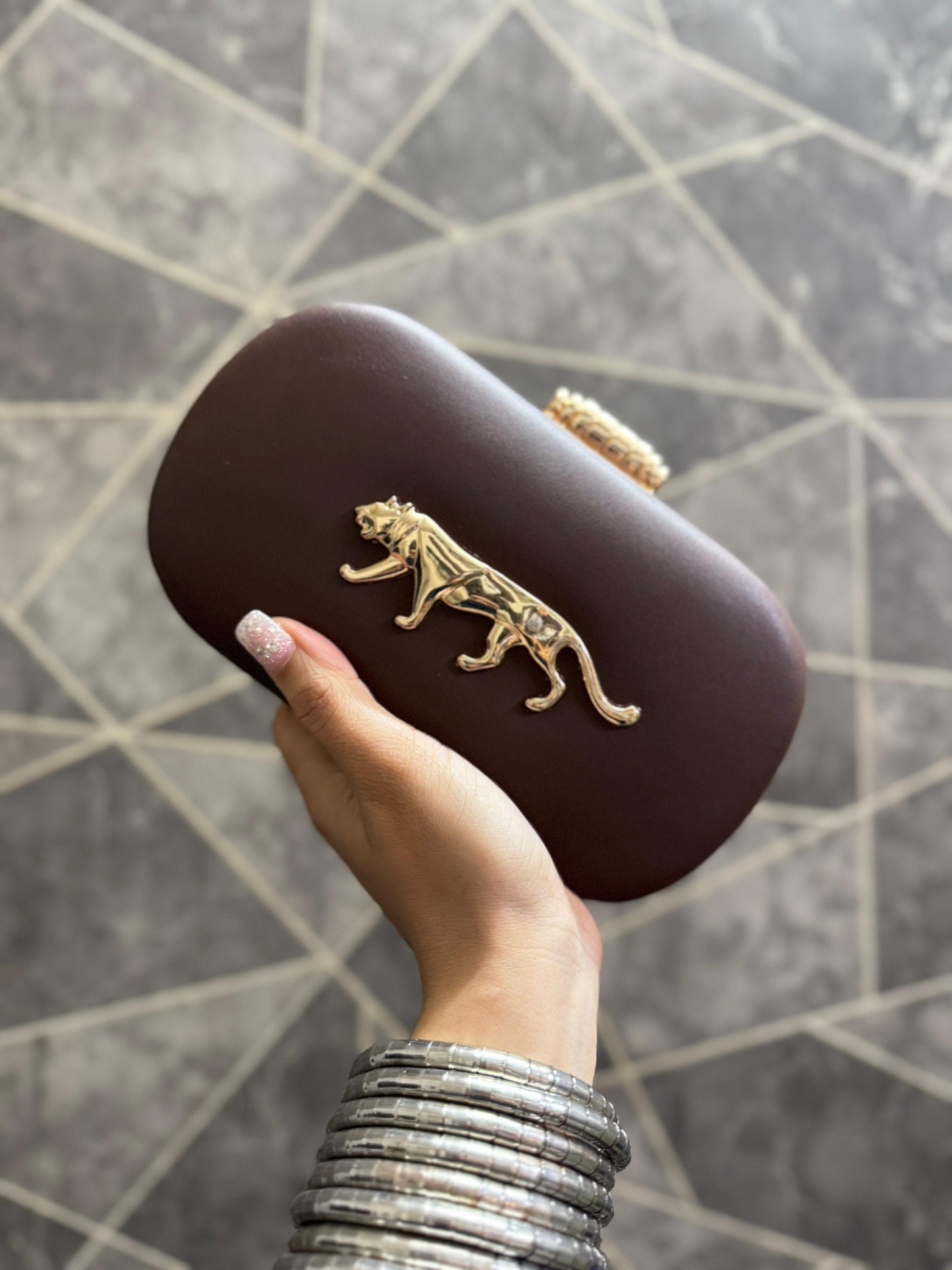 Metal Jaguar Embellished Suede Clutch bag - Without Brand box