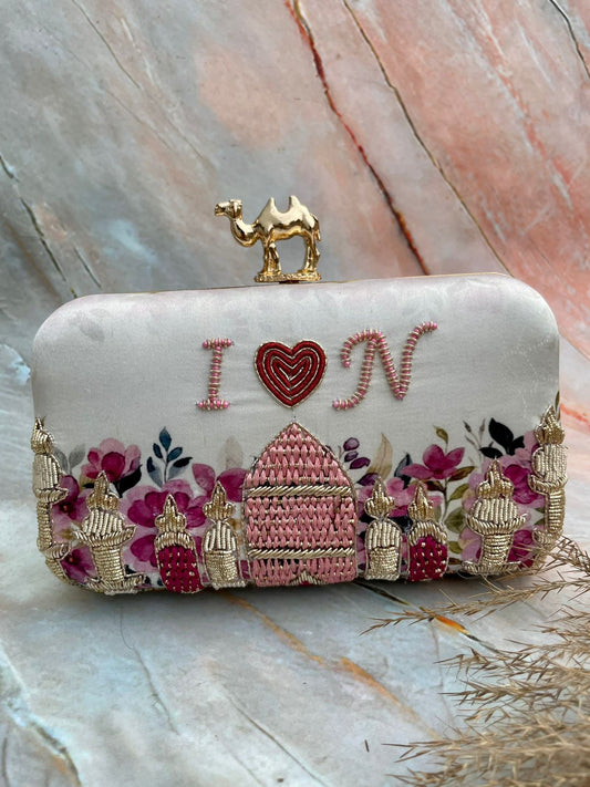 Designer white printed embroidery customised clutch with camel knob