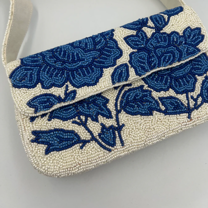 Handmade Beaded Shoulder Bag, Azure Bloom, Blue