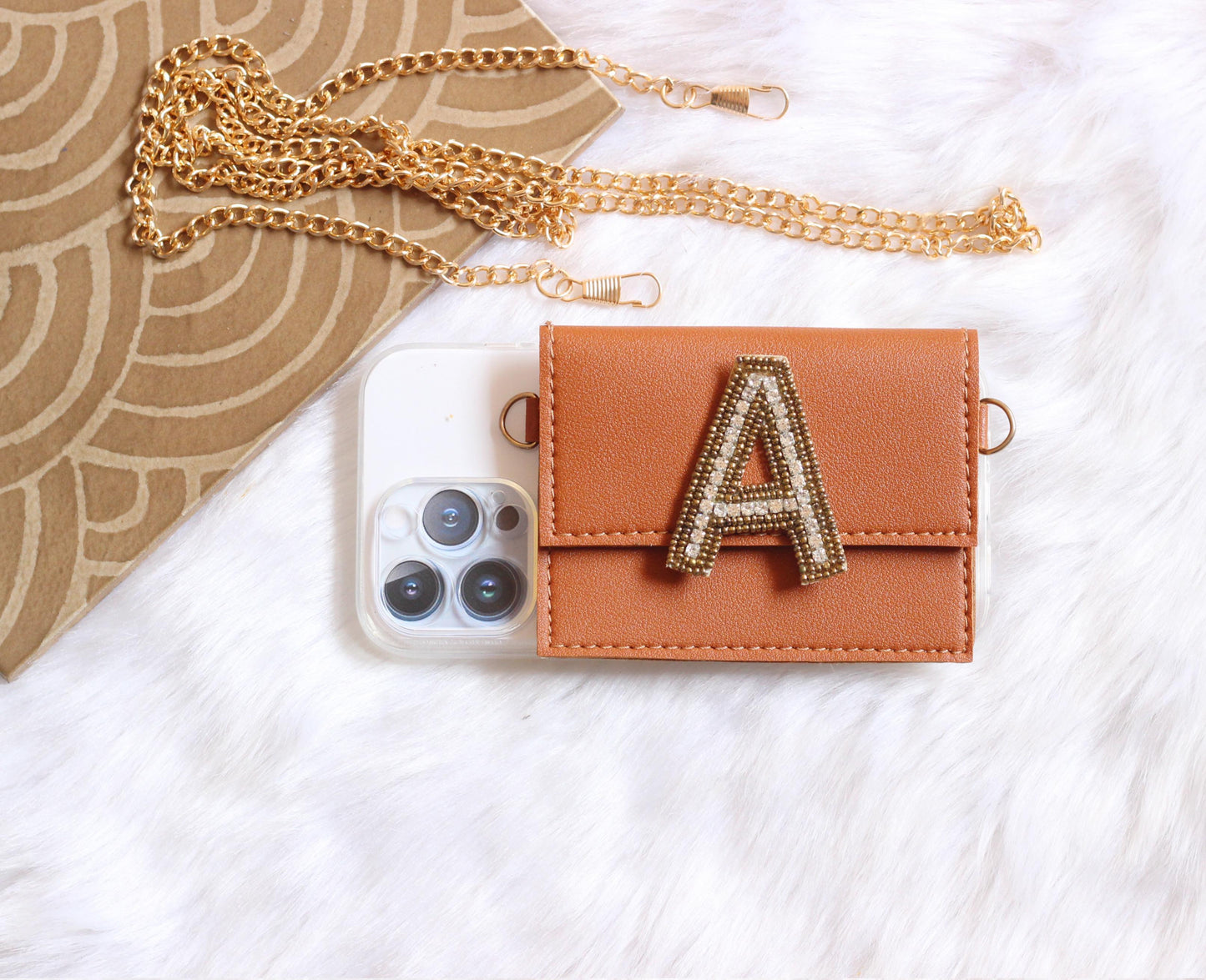 Tan personalized Phone case & Card holder slings - Bead letters