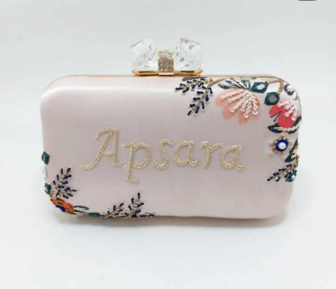 Designer light peach printed embroidery customised clutch with crystal knob