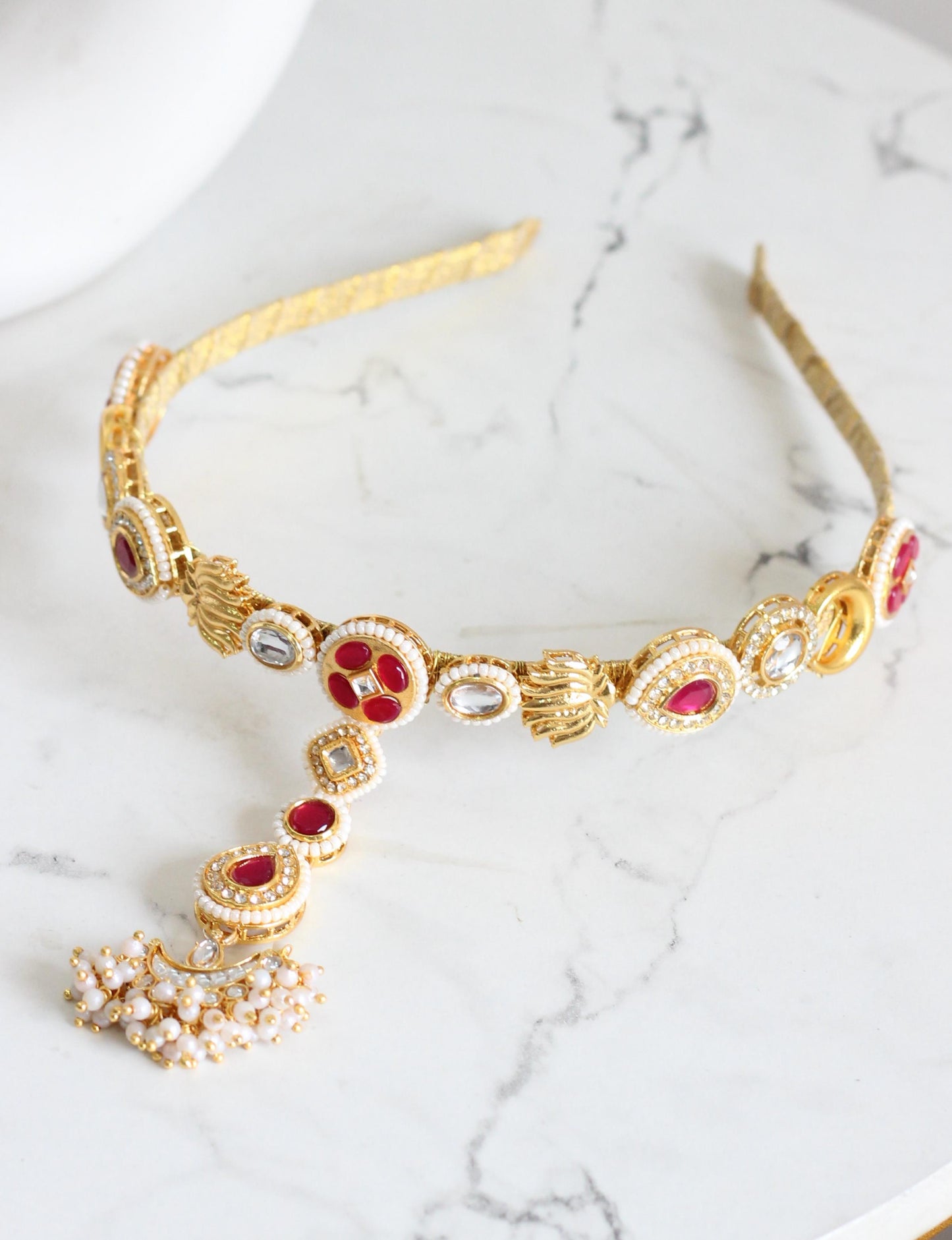 Red kundan headband with mang teeka