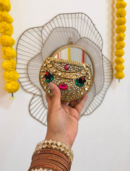 RAJSI mini rhinestone kundan work brass clutch - 2