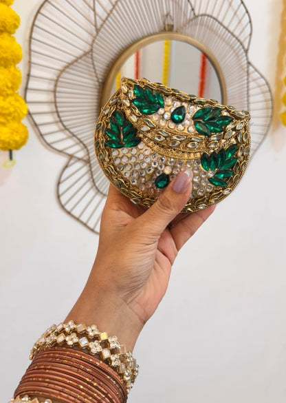 RAJSI mini rhinestone kundan work brass clutch - 1