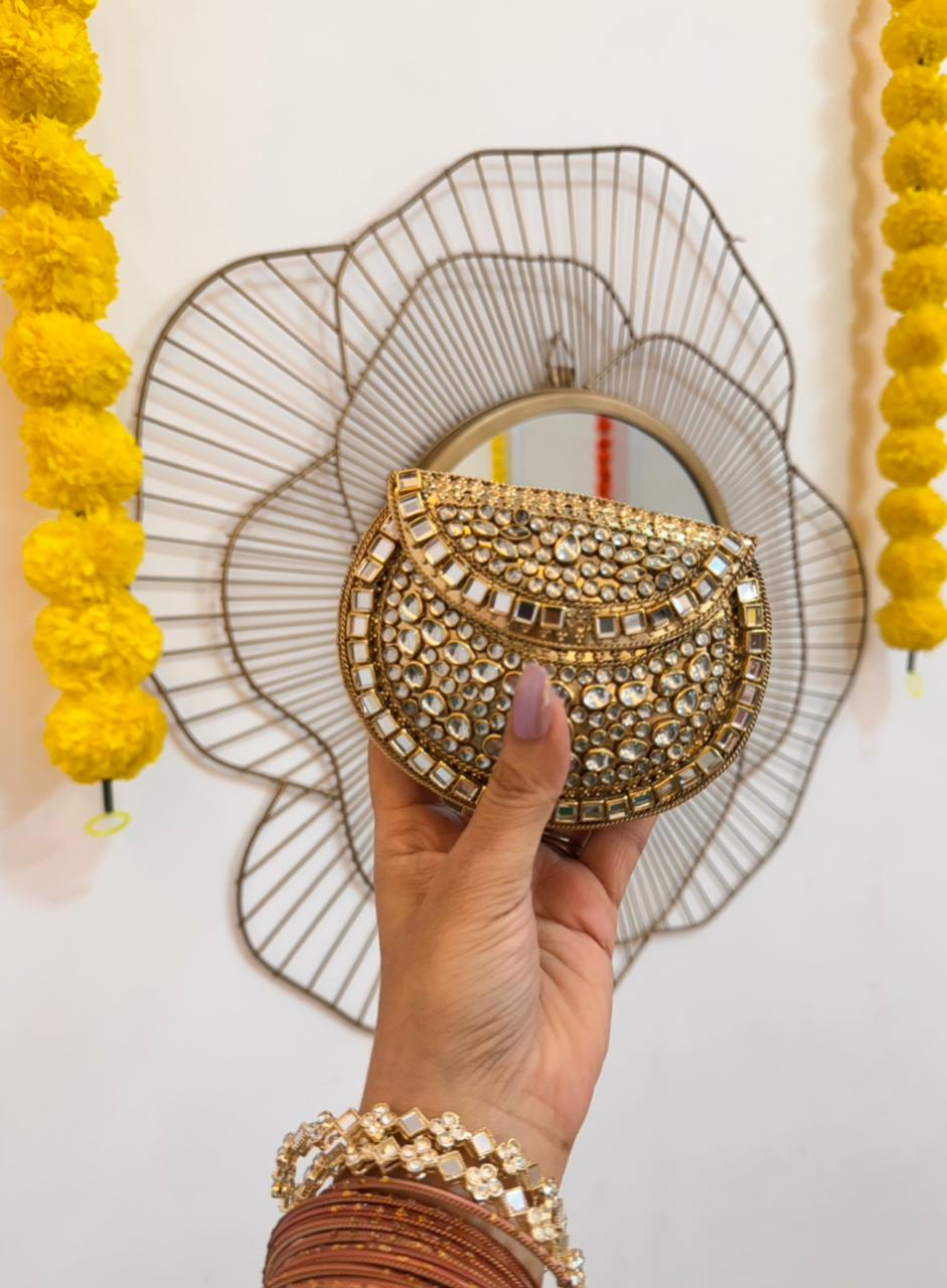 RAJSI mini rhinestone kundan work brass clutch - 2