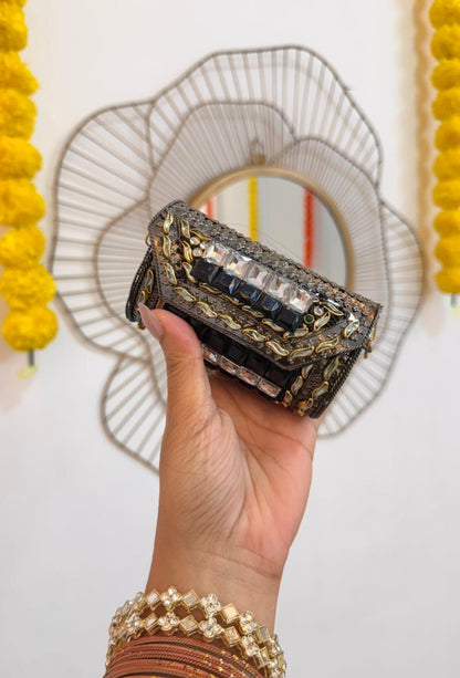 RAJSI mini rhinestone kundan work brass clutch - 1