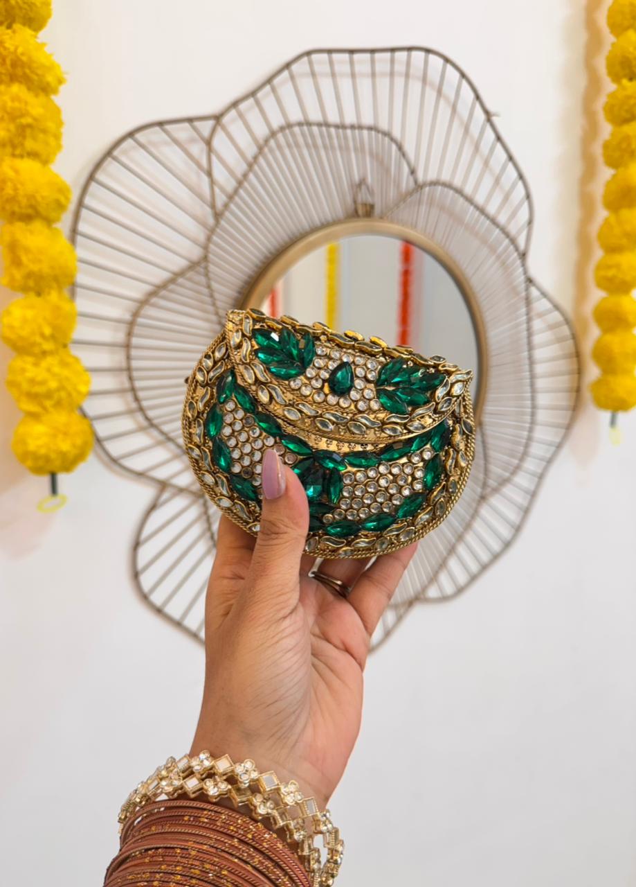 RAJSI mini rhinestone kundan work brass clutch - 2