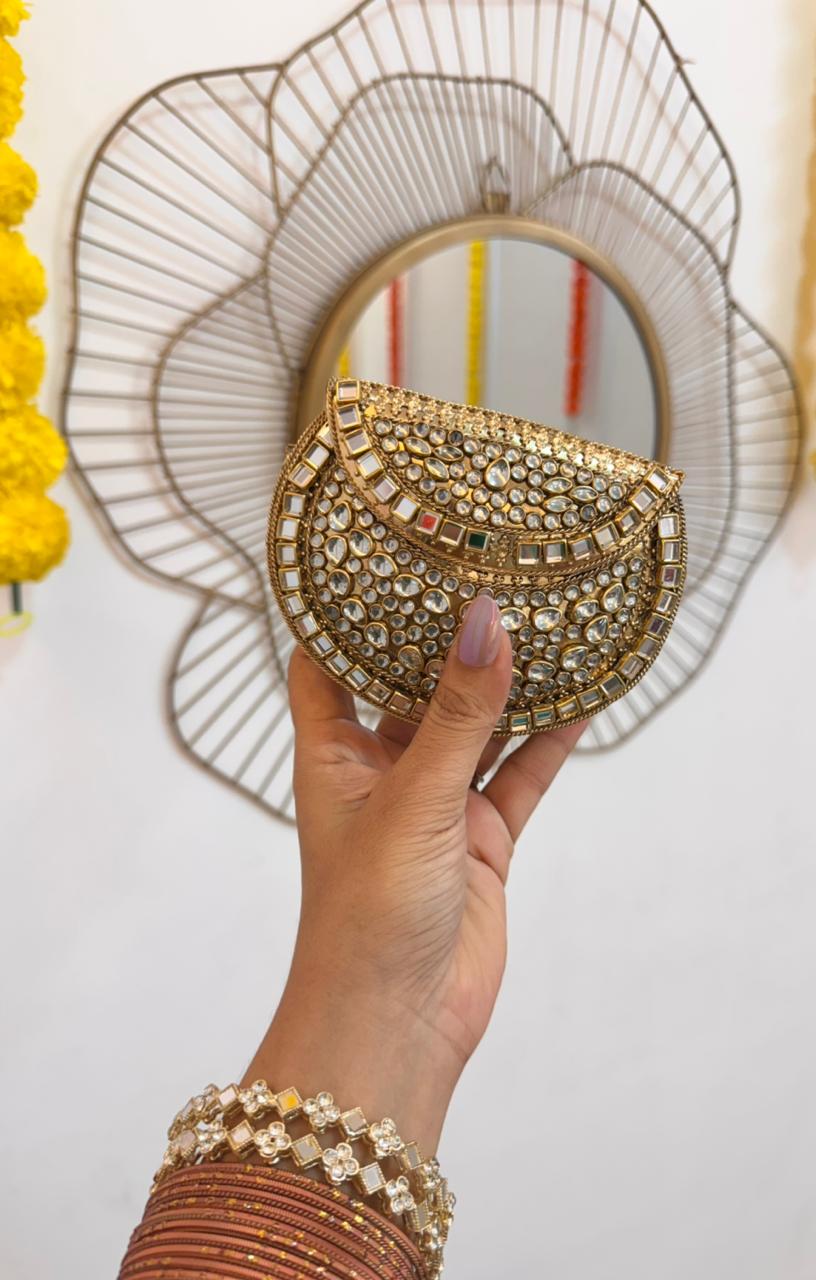 RAJSI mini rhinestone kundan work brass clutch - 1