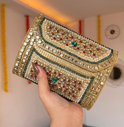 RAJSI rhinestone kundan work brass clutch long