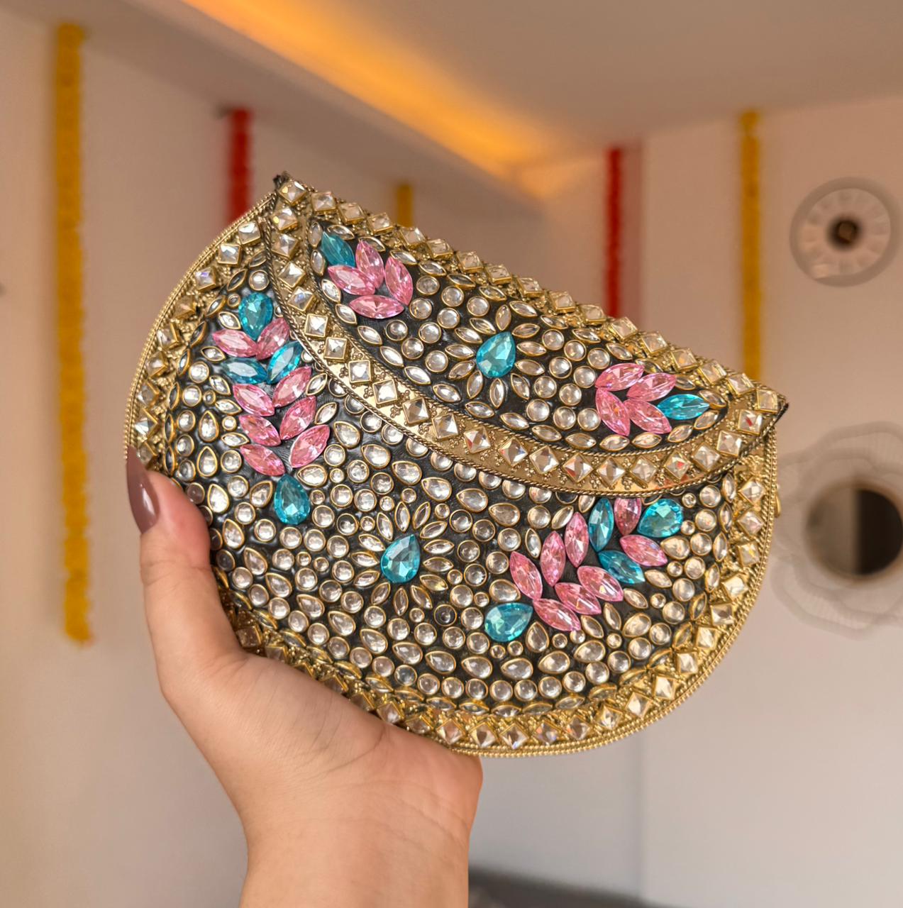 RAJSI rhinestone kundan work brass clutch