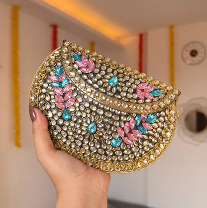 RAJSI rhinestone kundan work brass clutch