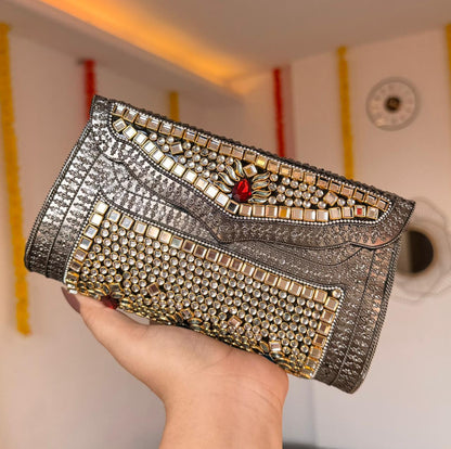 RAJSI rhinestone kundan work brass clutch long