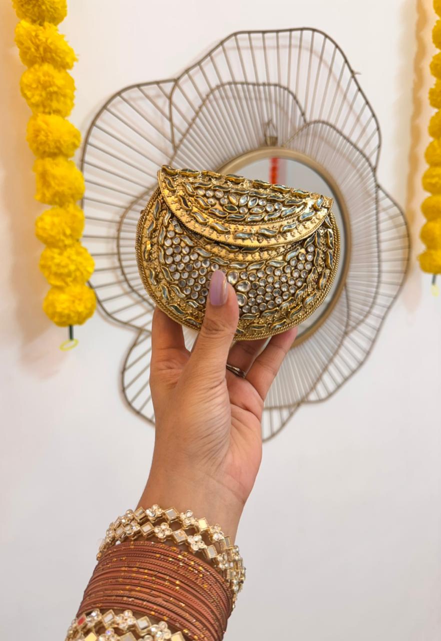 RAJSI mini rhinestone kundan work brass clutch - 1