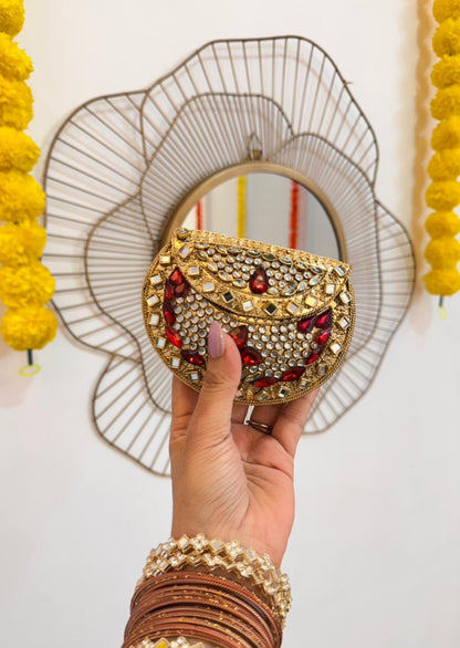 RAJSI mini rhinestone kundan work brass clutch - 1