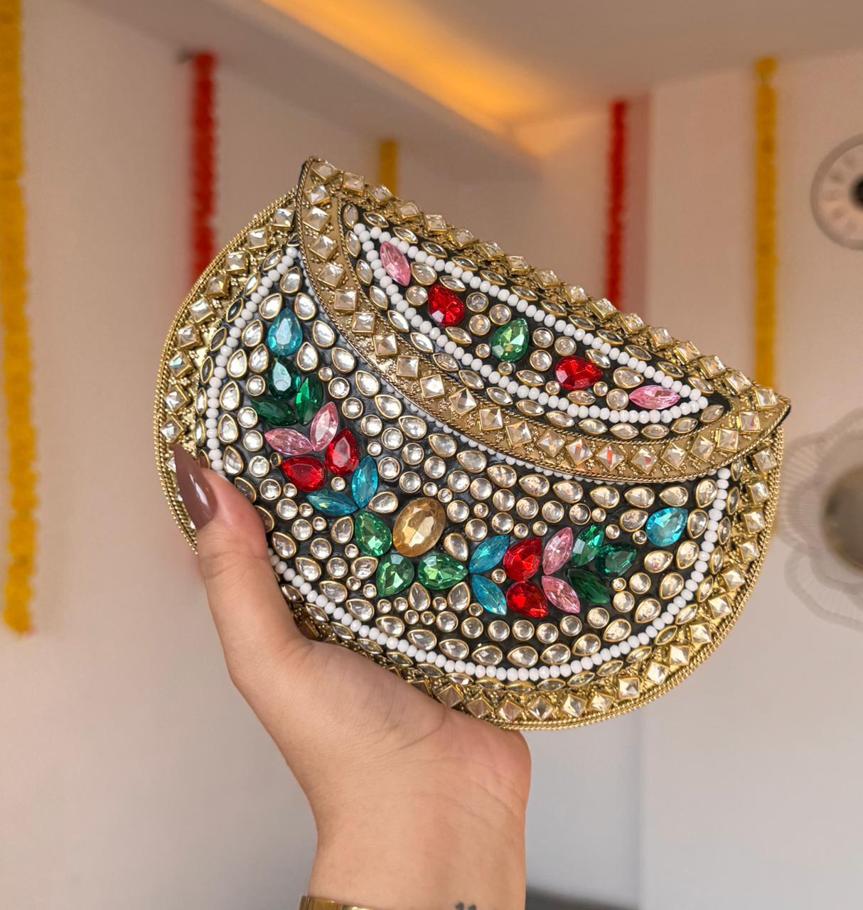 RAJSI rhinestone kundan work brass clutch