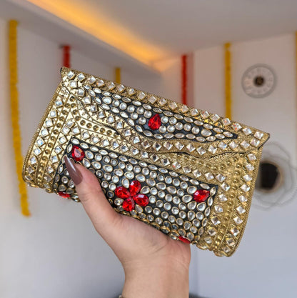 RAJSI rhinestone kundan work brass clutch long