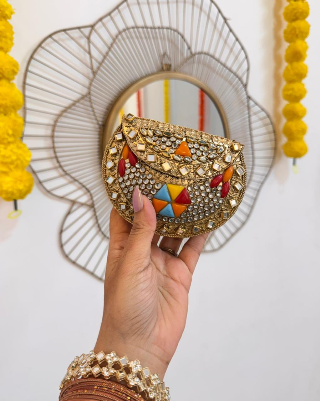 RAJSI mini rhinestone kundan work brass clutch - 2