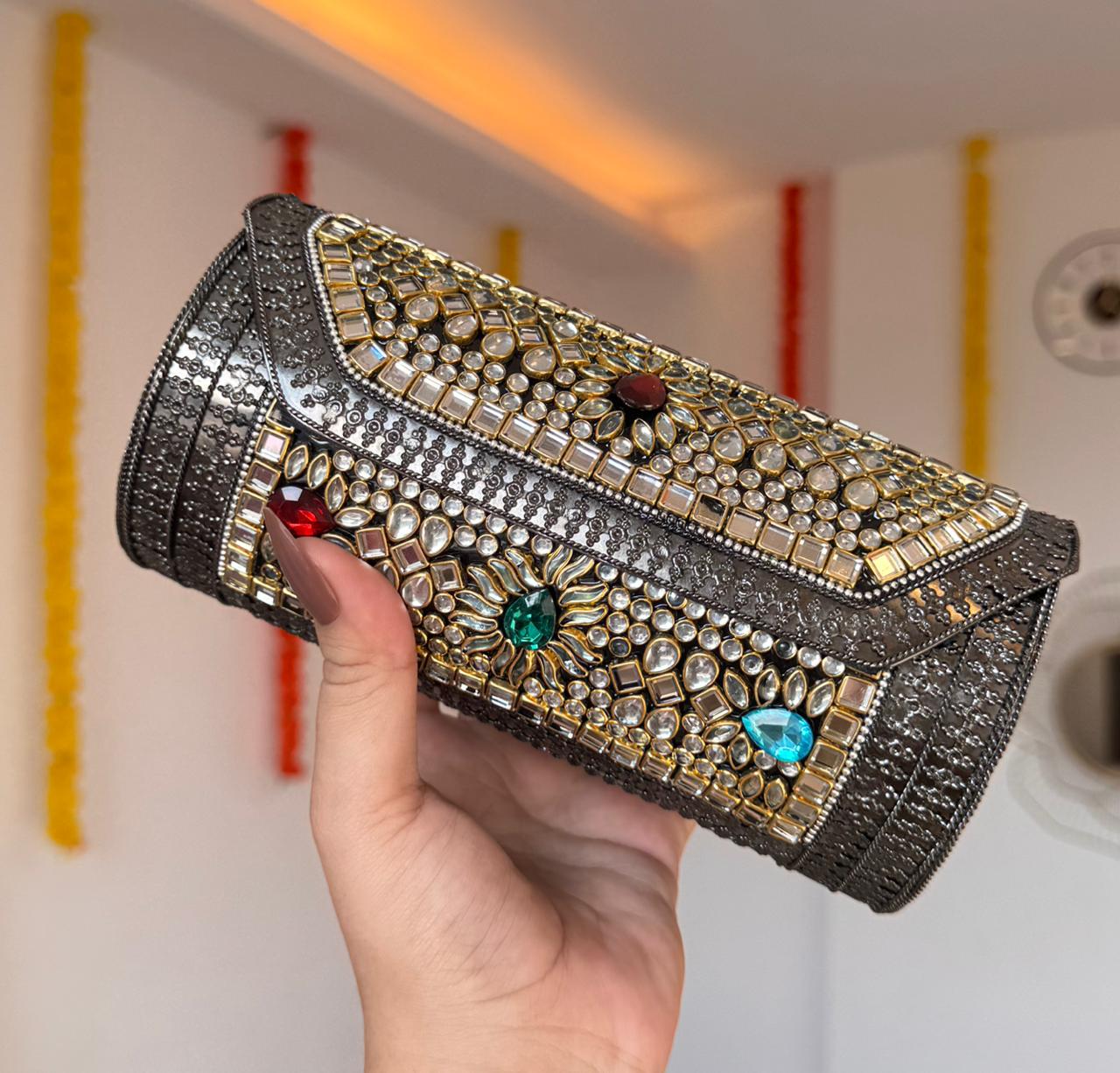 RAJSI rhinestone kundan work brass clutch long