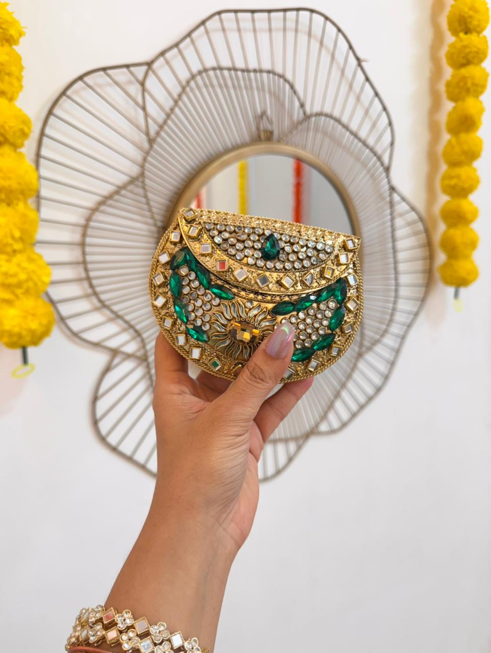 RAJSI mini rhinestone kundan work brass clutch - 1