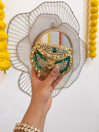 RAJSI mini rhinestone kundan work brass clutch - 1