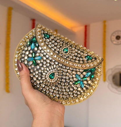 RAJSI rhinestone kundan work brass clutch
