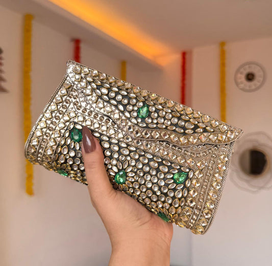 RAJSI rhinestone kundan work brass clutch long
