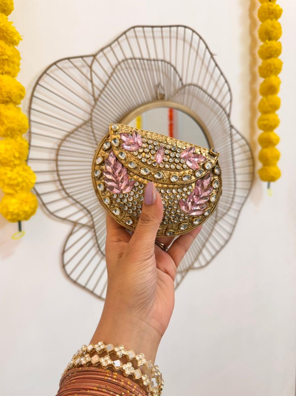 RAJSI mini rhinestone kundan work brass clutch - 2