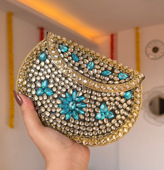 RAJSI rhinestone kundan work brass clutch