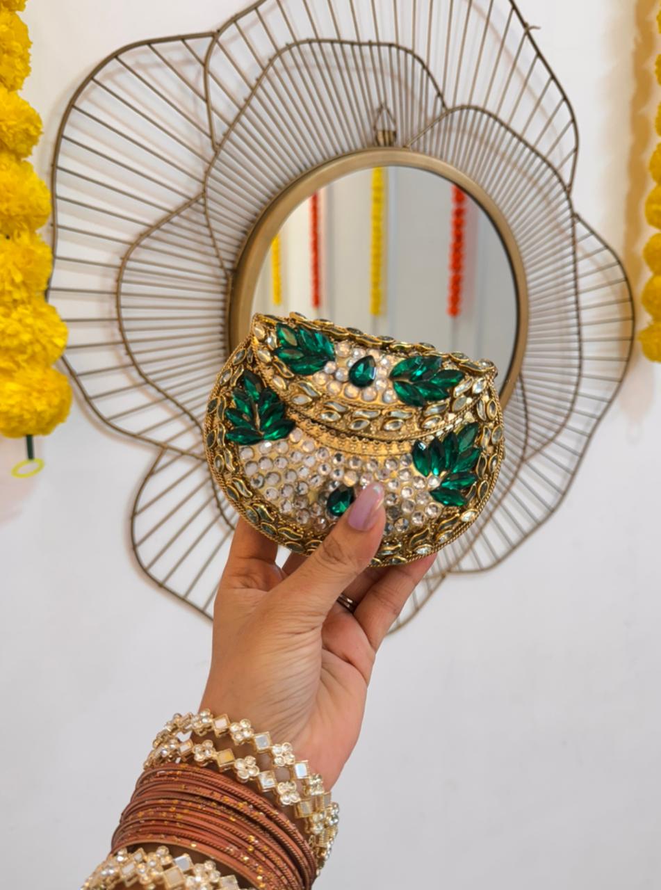 RAJSI mini rhinestone kundan work brass clutch - 2