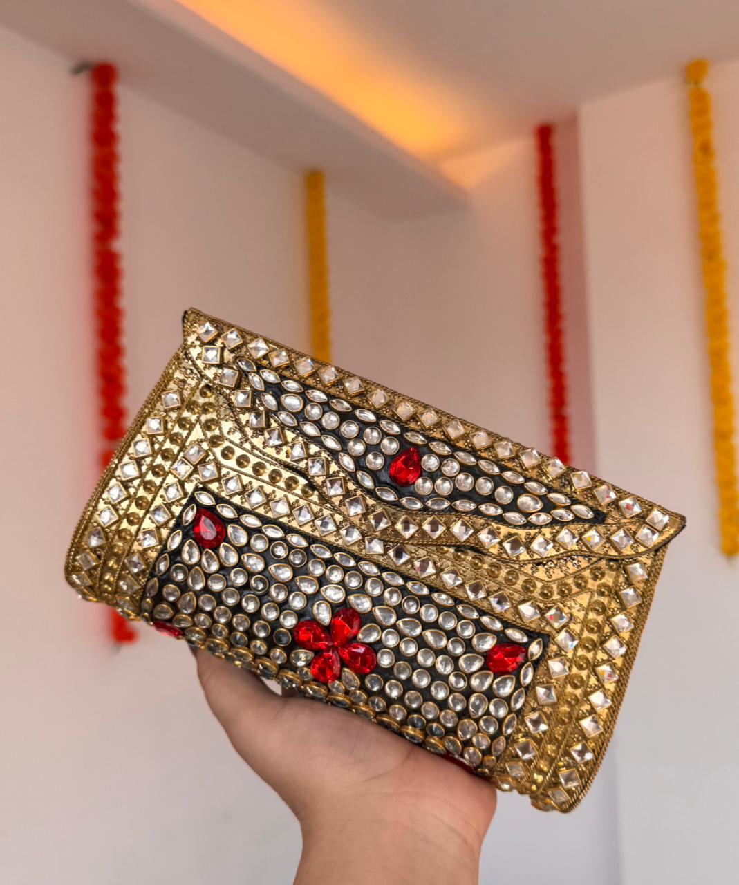 RAJSI rhinestone kundan work brass clutch long
