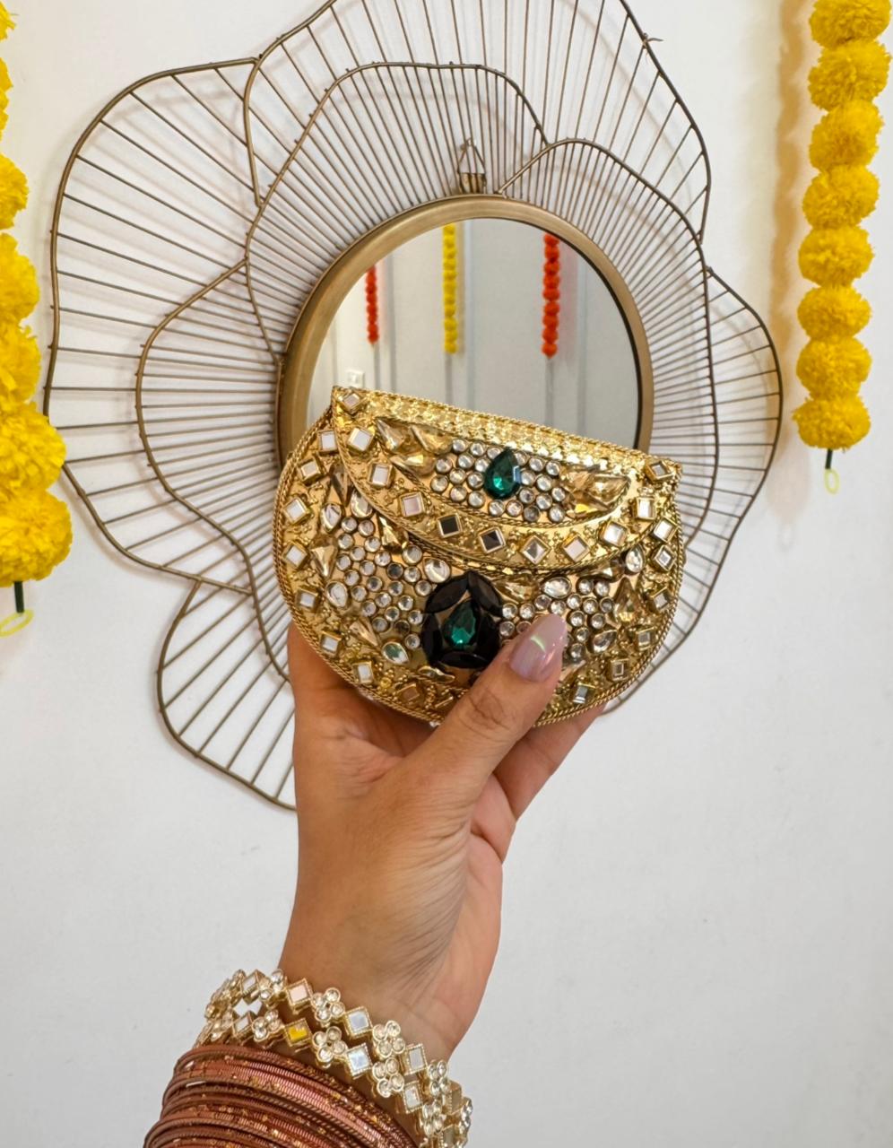 RAJSI mini rhinestone kundan work brass clutch - 1