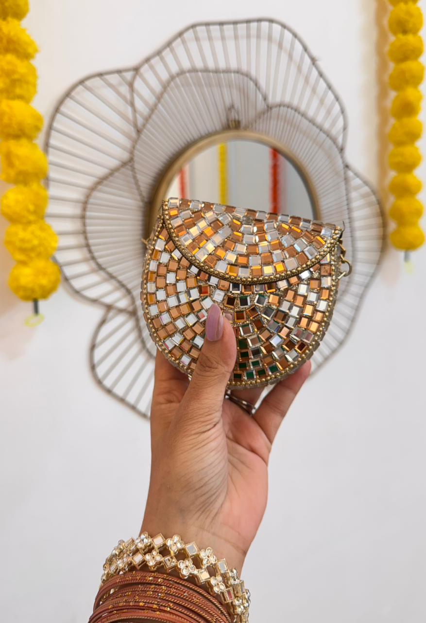 RAJSI mini rhinestone kundan work brass clutch - 1