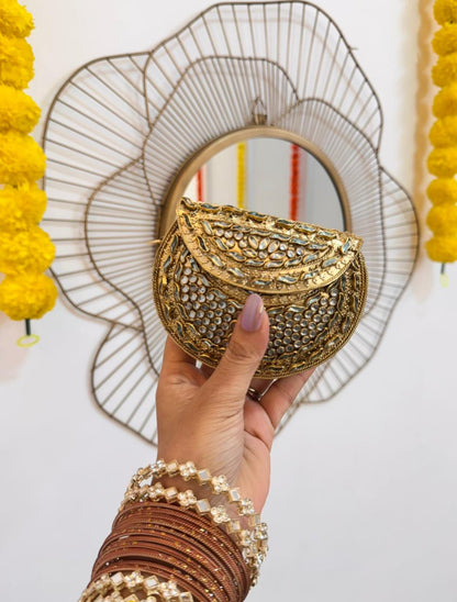 RAJSI mini rhinestone kundan work brass clutch - 2
