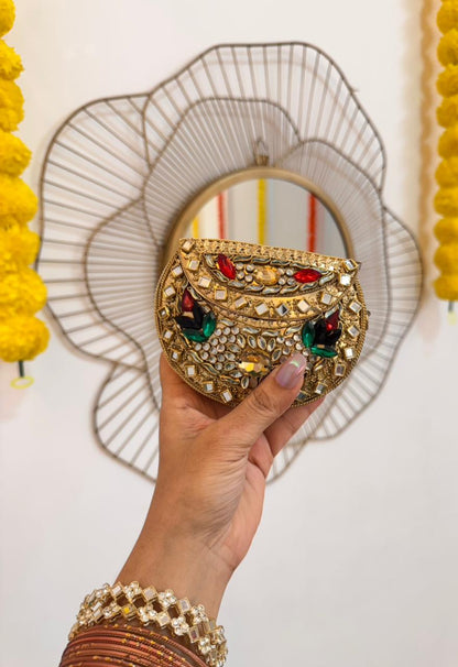 RAJSI mini rhinestone kundan work brass clutch - 2