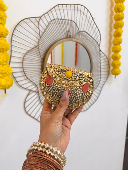 RAJSI mini rhinestone kundan work brass clutch - 1