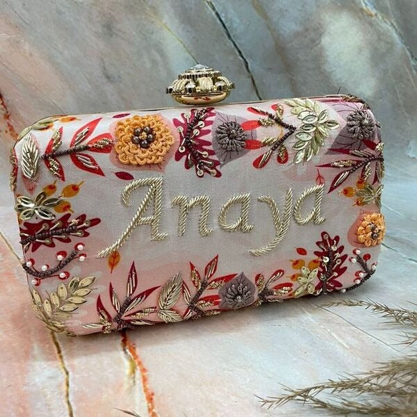 Designer white & peach printed embroidery customised clutch with diamond knob