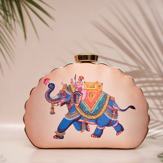 D-Frame peach elephant printed clutch