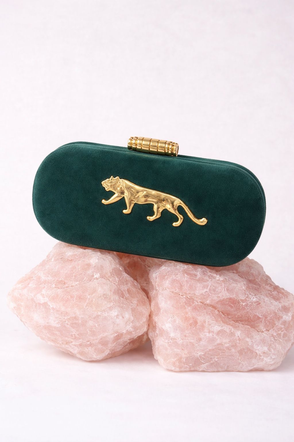 Long jaguar Metal Embellished Suede Covering Clutch bag