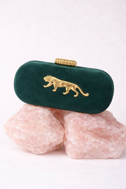 Long jaguar Metal Embellished Suede Covering Clutch bag